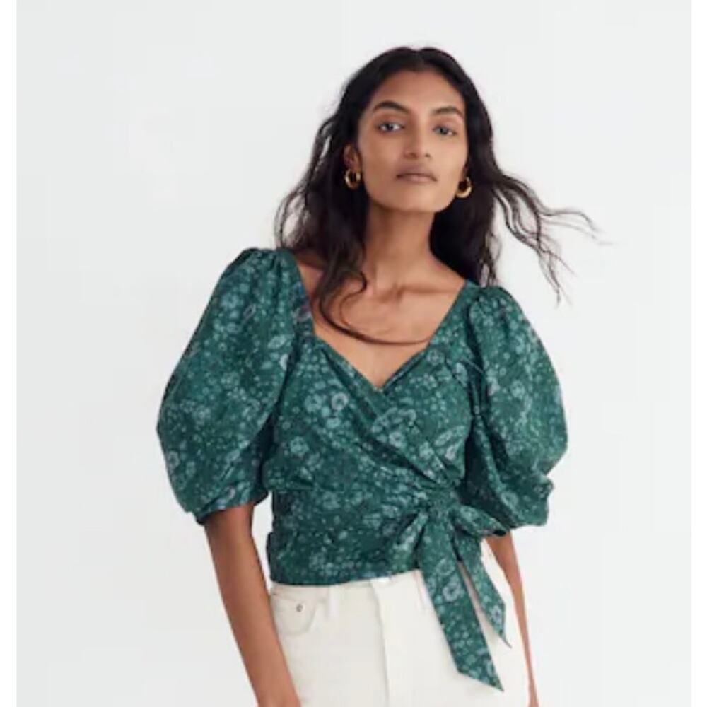 Madewell Seersucker Sweetheart Wrap Woodland Floral Top NG876 Green XL
